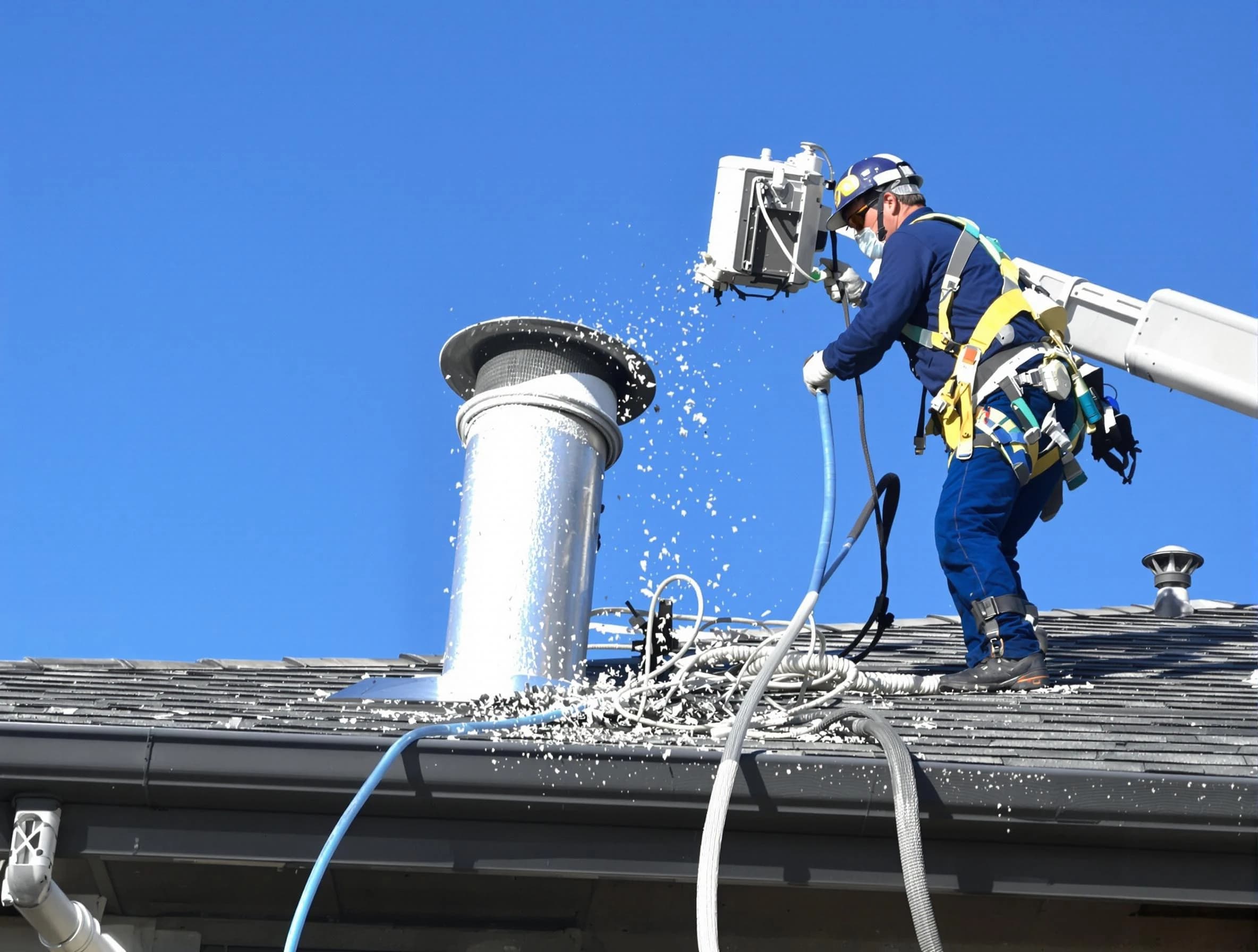 Murfreesboro Dryer Vent Cleaning certified technician safely cleaning a roof-mounted dryer vent in Murfreesboro
